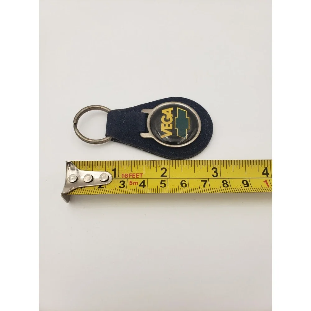 Vtg Chevrolet Vega Leather Keychain Key Fob Dark Blue Suede Teardrop Medallion